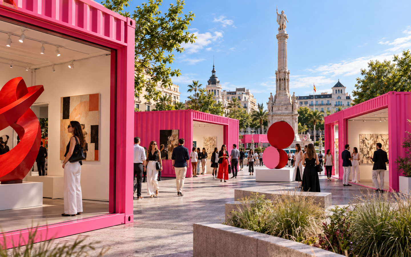 Galerías rosas de arte contemporáneo al aire libre en la plaza de Colón