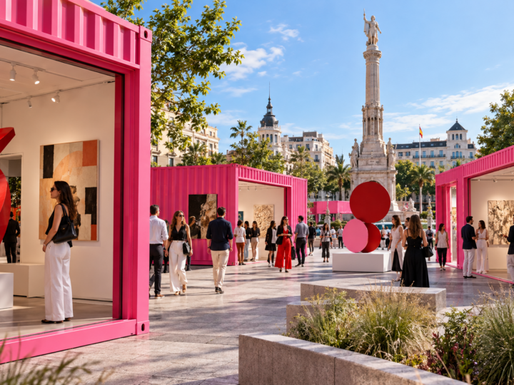 Galerías rosas de arte contemporáneo al aire libre en la plaza de Colón