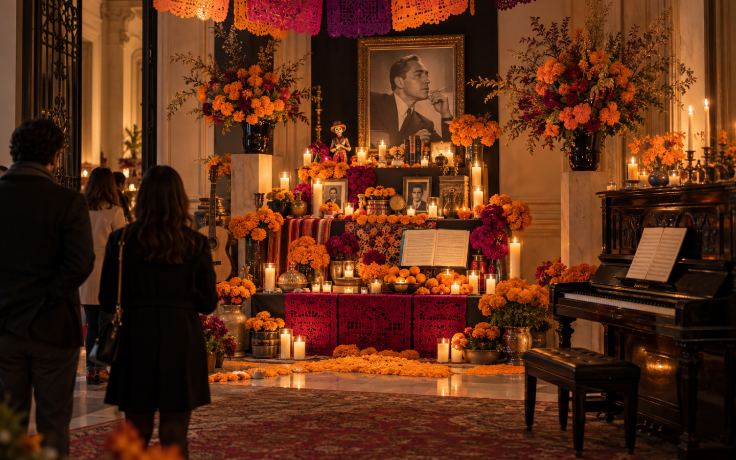 Ofrenda mexicana con flores de cempasúchil, velas y un piano dedicado a un compositor