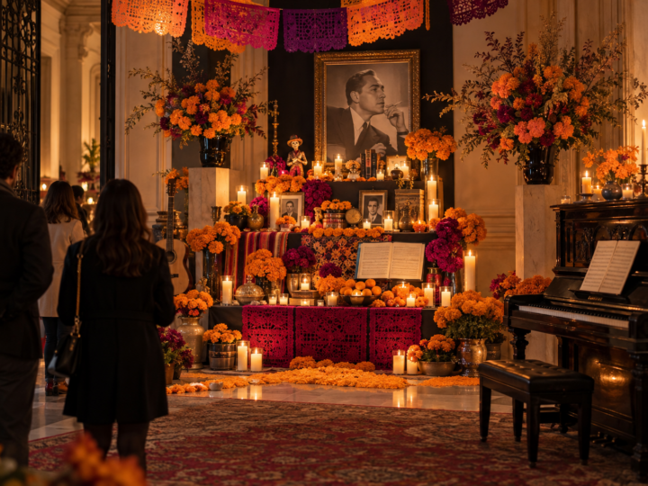 Ofrenda mexicana con flores de cempasúchil, velas y un piano dedicado a un compositor