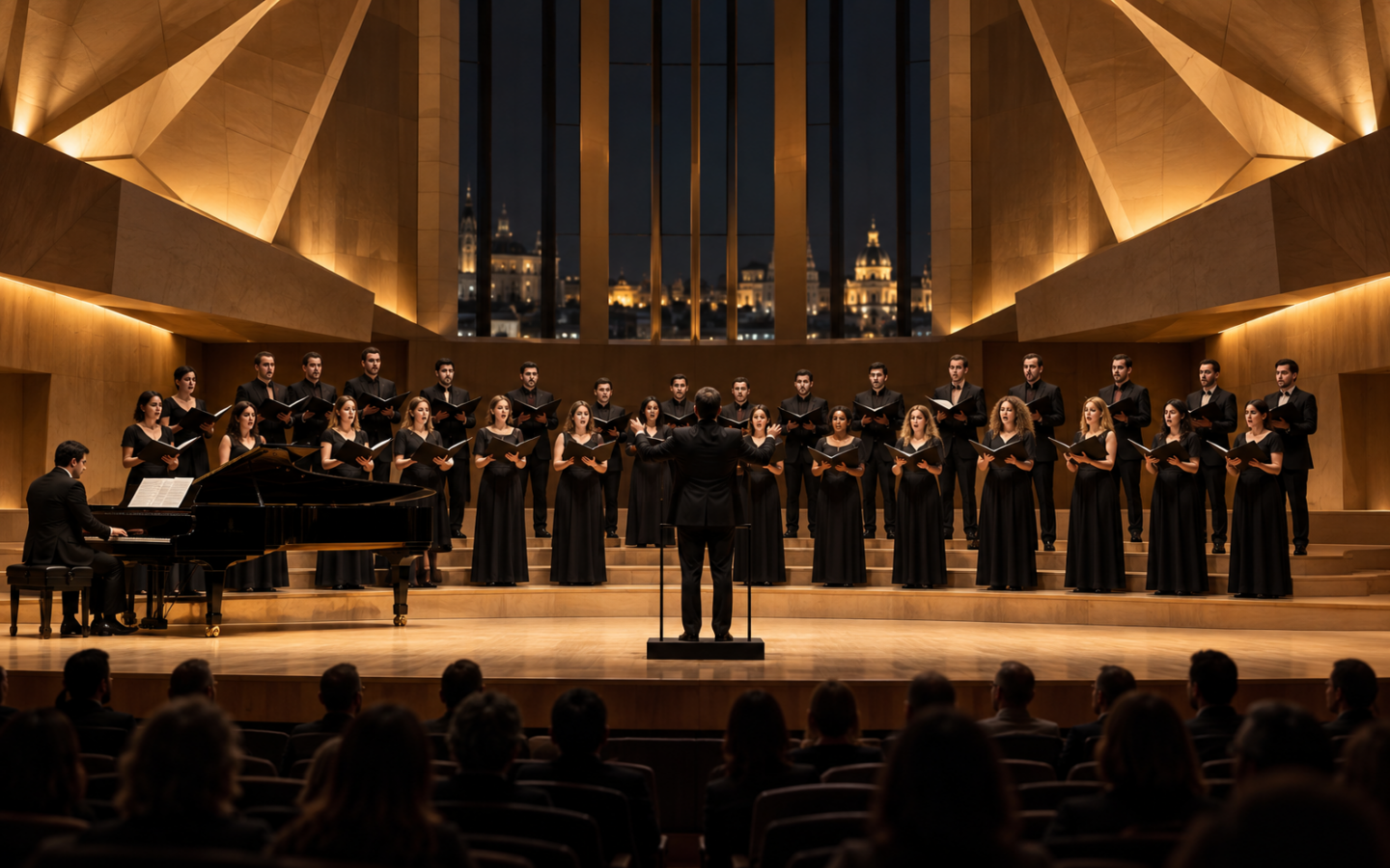 Coro de música contemporánea actuando en un auditorio de Madrid