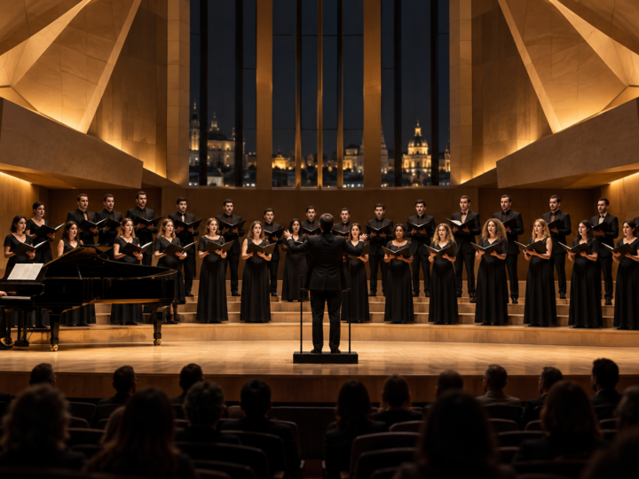 Coro de música contemporánea actuando en un auditorio de Madrid