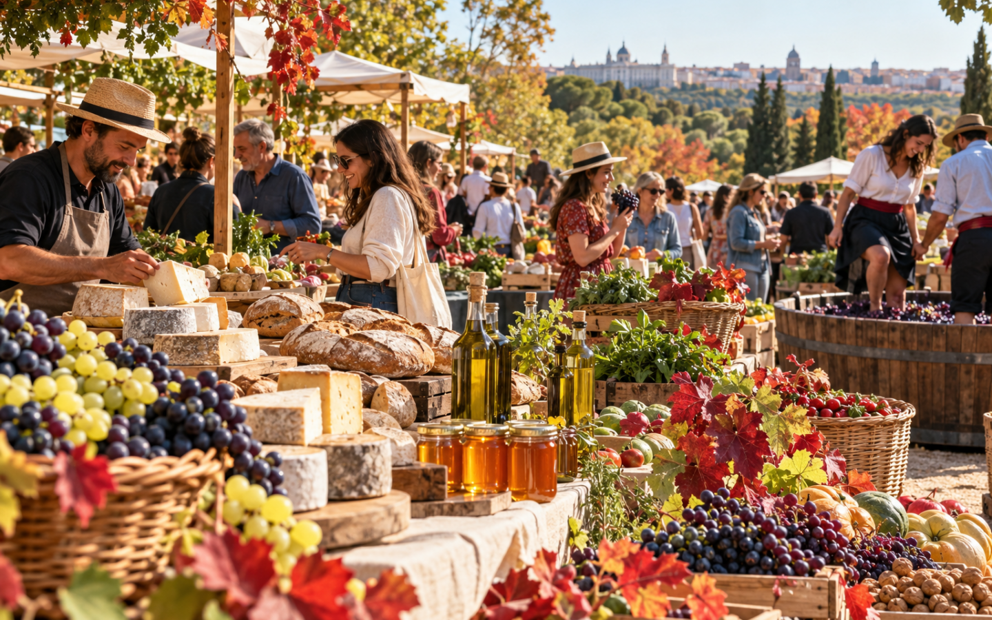 Mercado de productores madrileños con uvas, verduras y productos de otoño