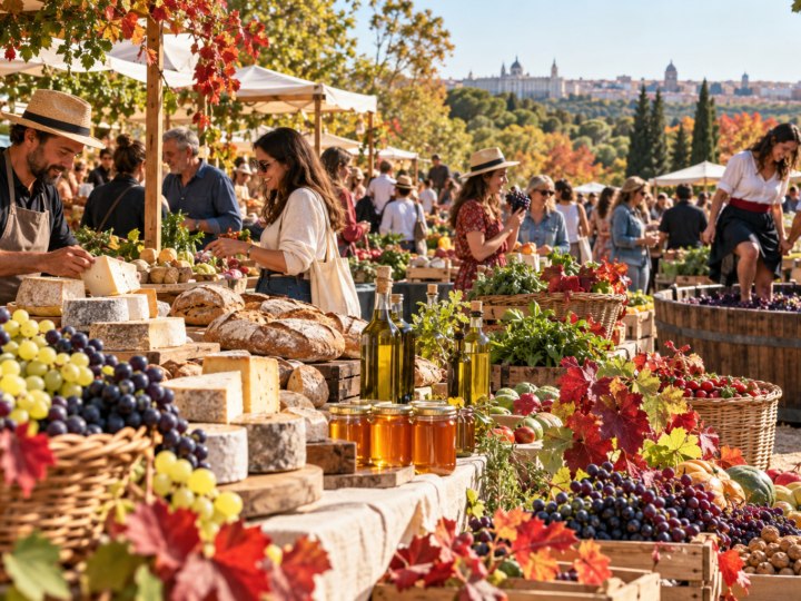 Mercado de productores madrileños con uvas, verduras y productos de otoño
