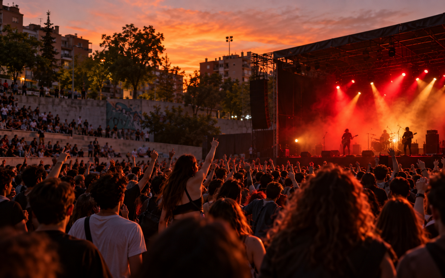 Festival de música indie al aire libre al atardecer en Madrid