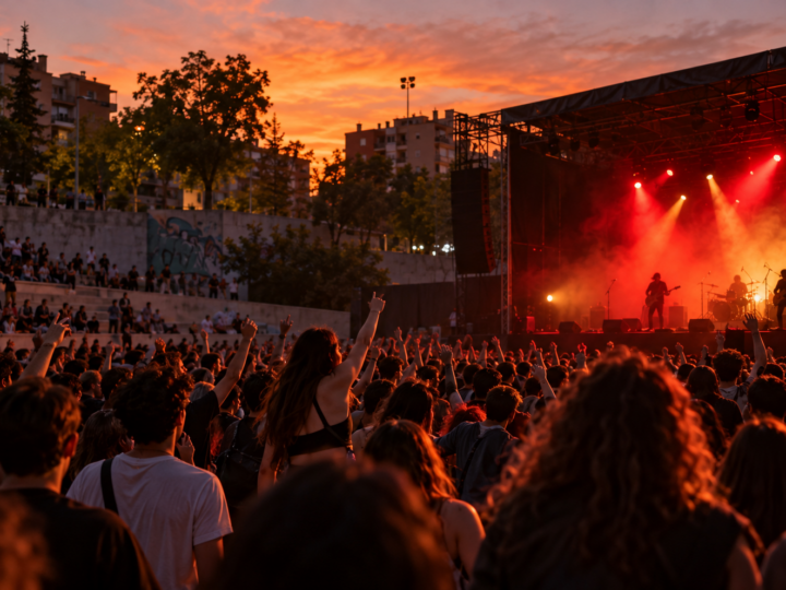 Festival de música indie al aire libre al atardecer en Madrid