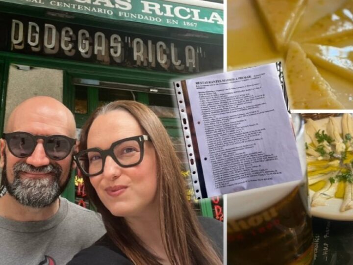 Lista manuscrita de restaurantes y platos de Madrid