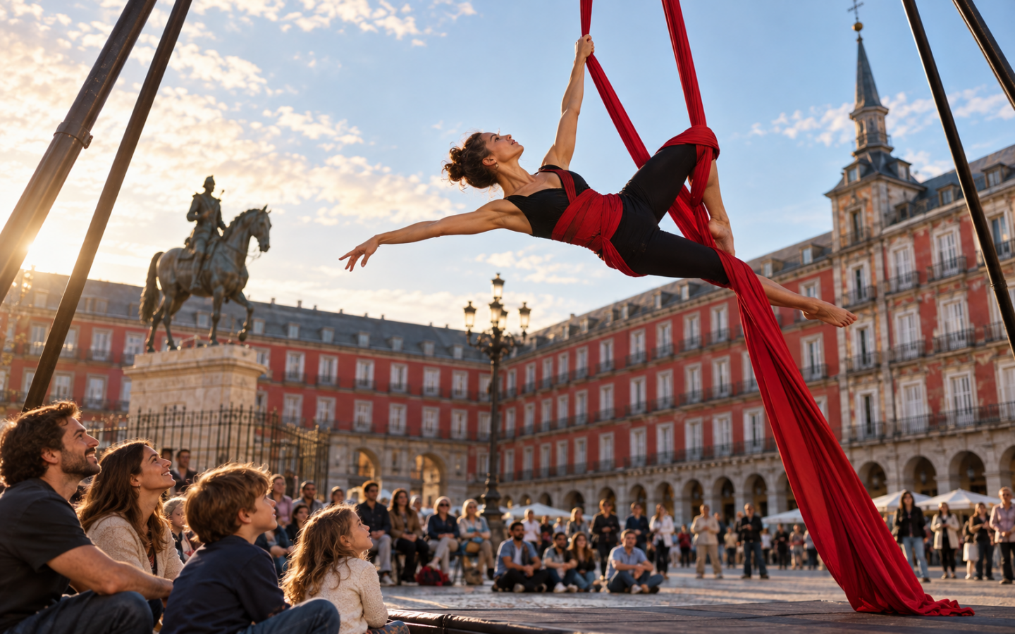 Artista de circo aéreo actuando al aire libre ante público en Madrid