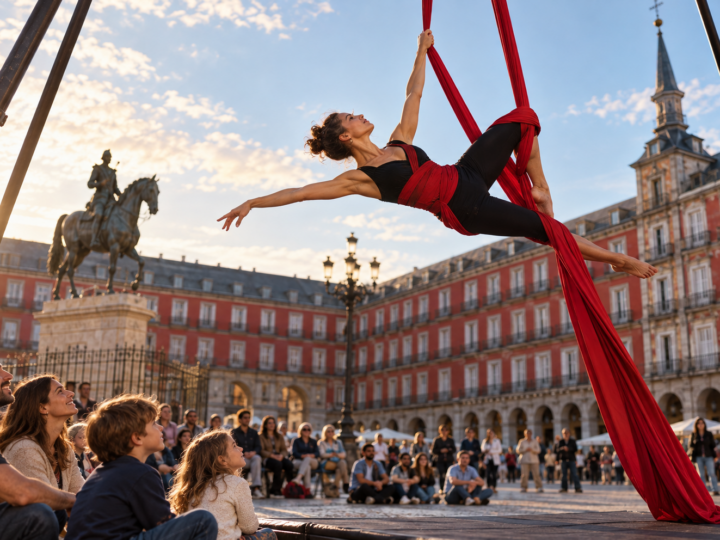 Artista de circo aéreo actuando al aire libre ante público en Madrid