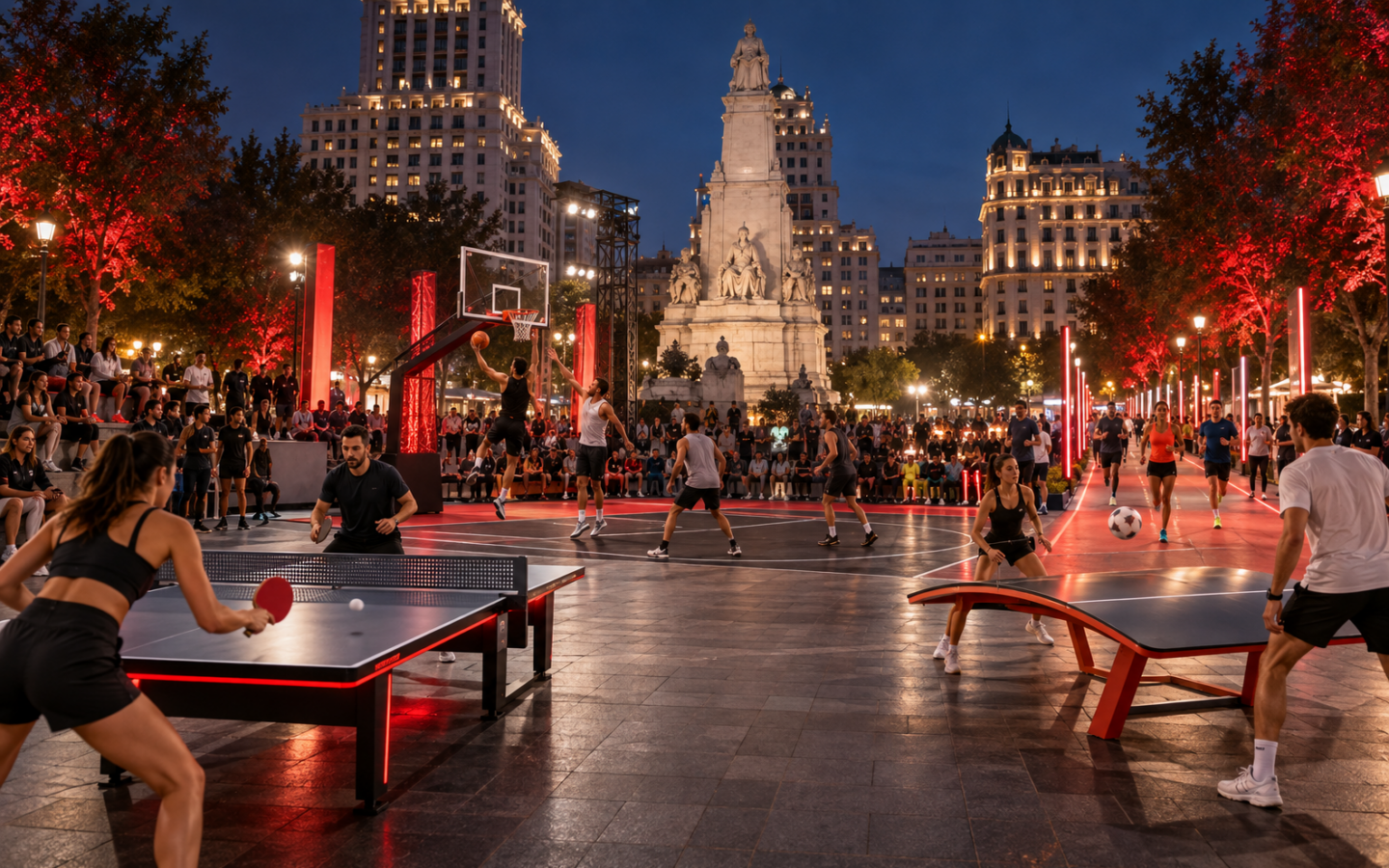 Actividades deportivas nocturnas en la plaza de España de Madrid
