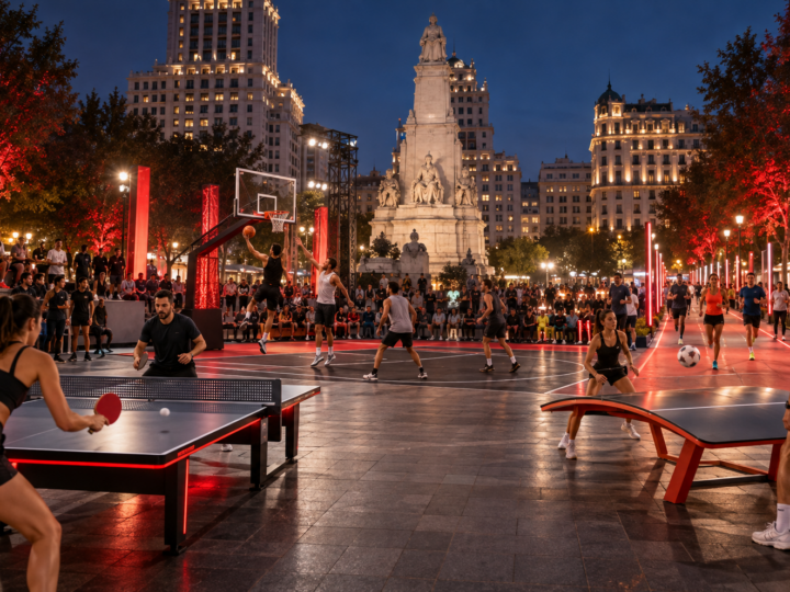 Actividades deportivas nocturnas en la plaza de España de Madrid