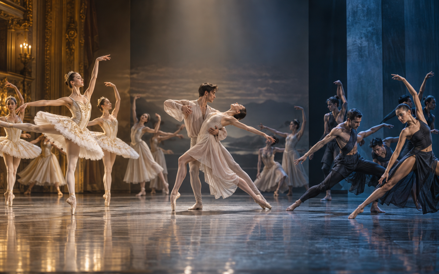 Tres lenguajes de ballet conviven bajo luces doradas, blancas y azules