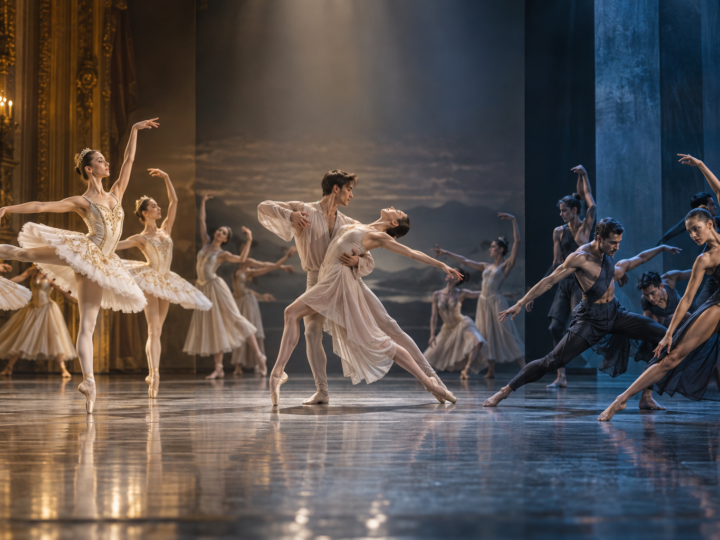 Tres lenguajes de ballet conviven bajo luces doradas, blancas y azules