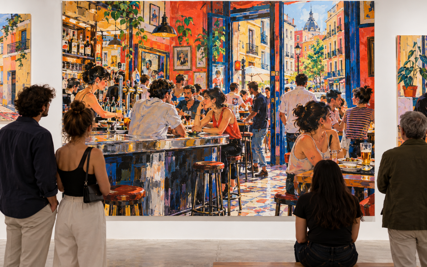 Visitantes ante una pintura contemporánea de escenas cotidianas de Madrid