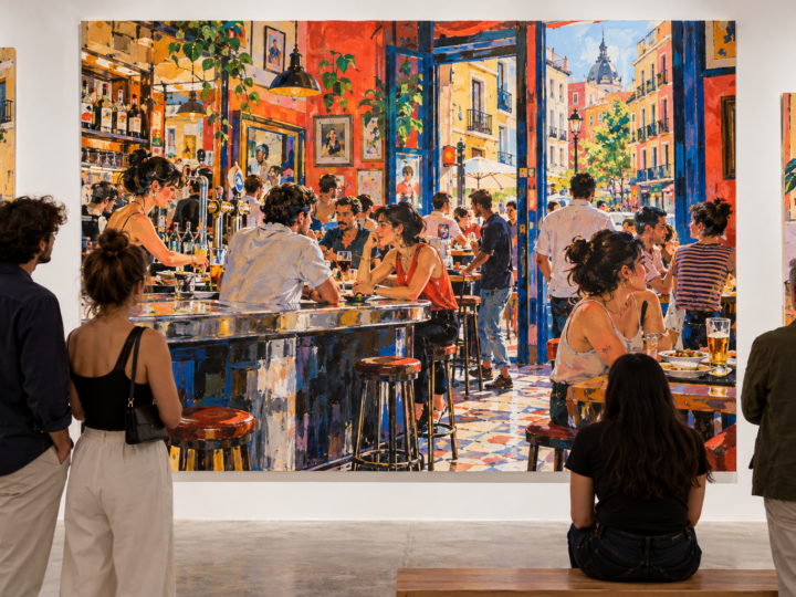 Visitantes ante una pintura contemporánea de escenas cotidianas de Madrid