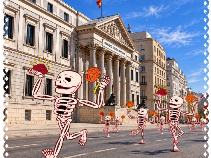 Calacas con flores de cempasúchil desfilan ante el Congreso de los Diputados