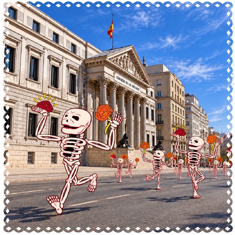 Calacas con flores de cempasúchil desfilan ante el Congreso de los Diputados