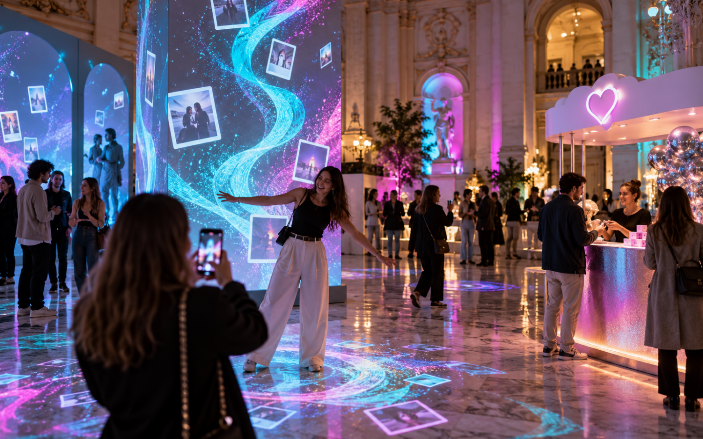 Instalación de arte digital interactiva en un palacio cultural de Madrid