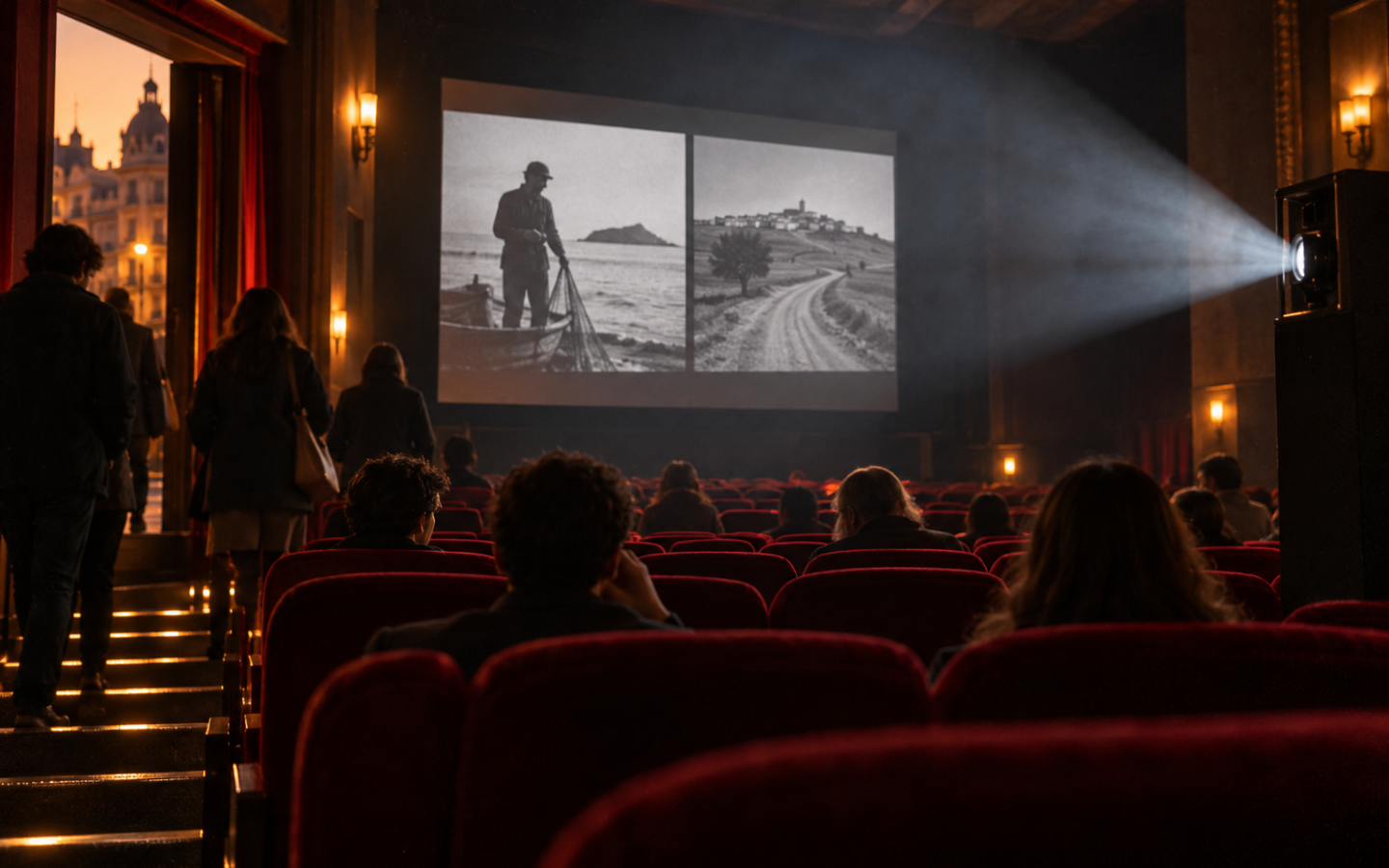 Sala de cine con butacas rojas y una proyección documental en blanco y negro
