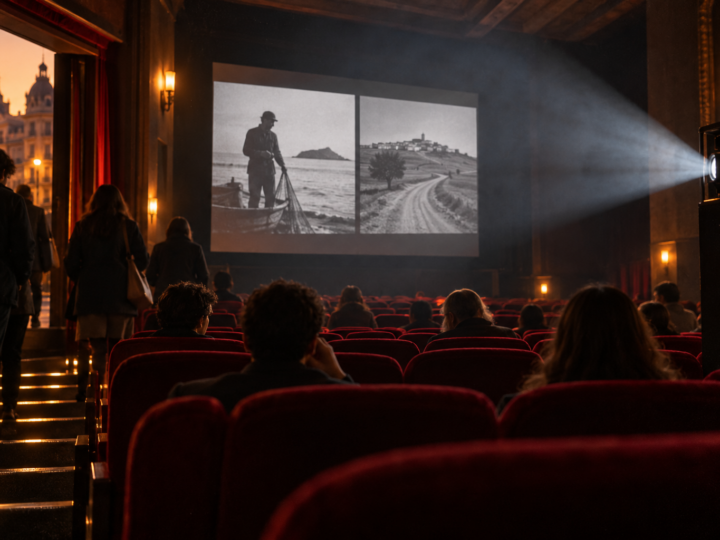 Sala de cine con butacas rojas y una proyección documental en blanco y negro