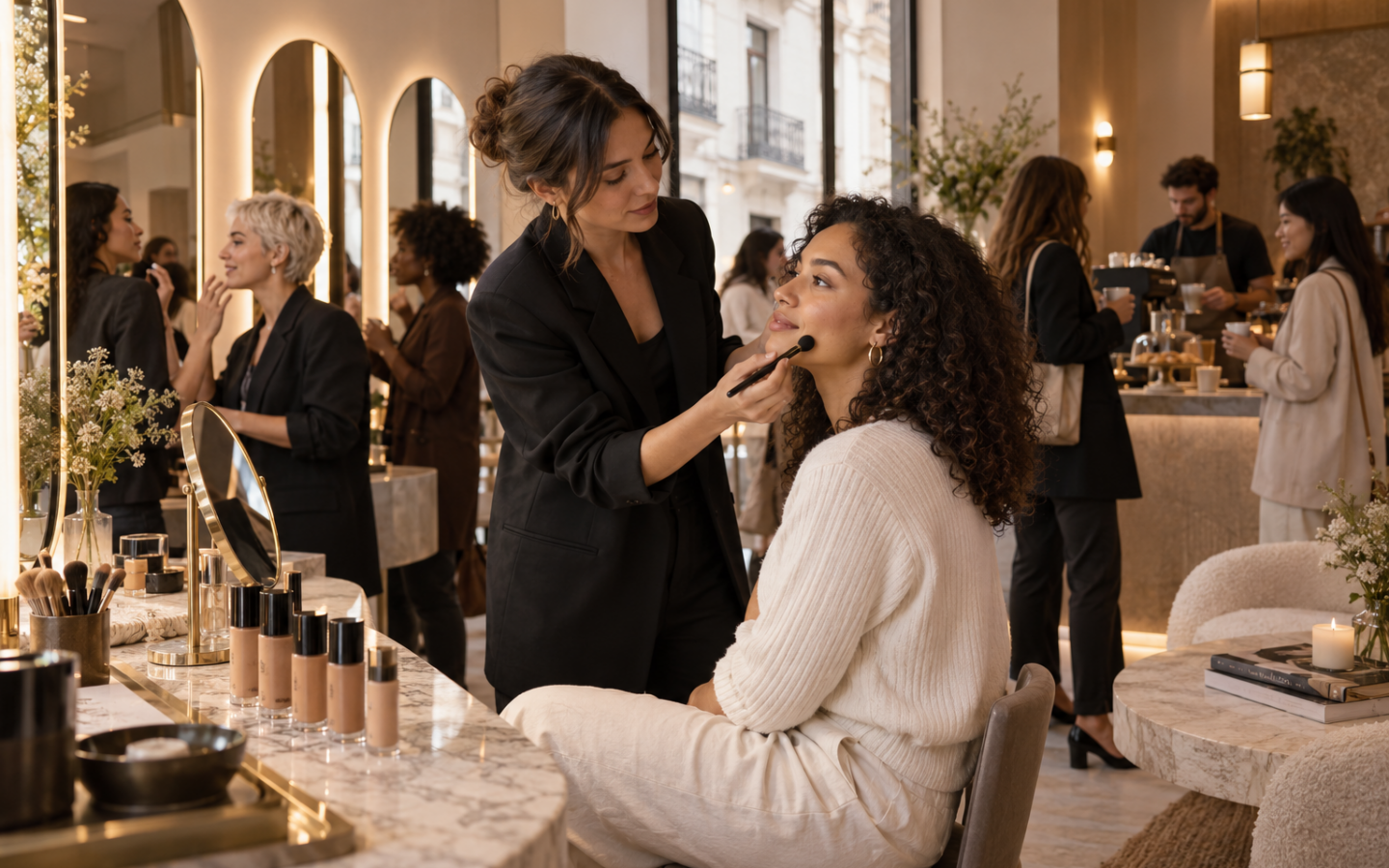 Consulta de maquillaje personalizada en un estudio de belleza contemporáneo