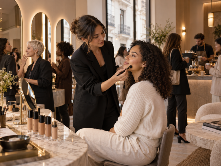 Consulta de maquillaje personalizada en un estudio de belleza contemporáneo