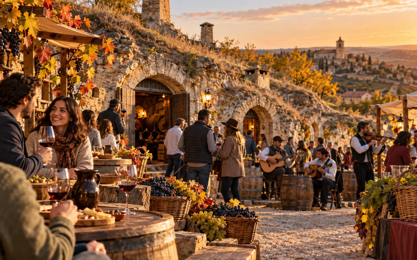 Feria de vino al atardecer entre cuevas de piedra y viñedos de la Comunidad de Madrid
