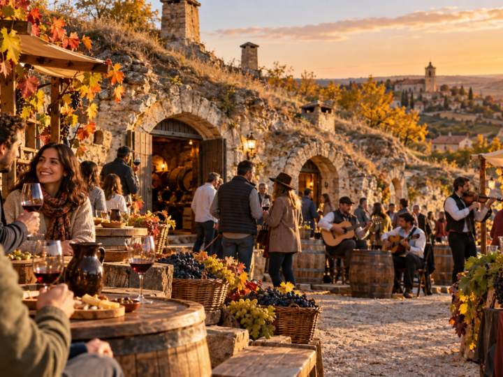 Feria de vino al atardecer entre cuevas de piedra y viñedos de la Comunidad de Madrid