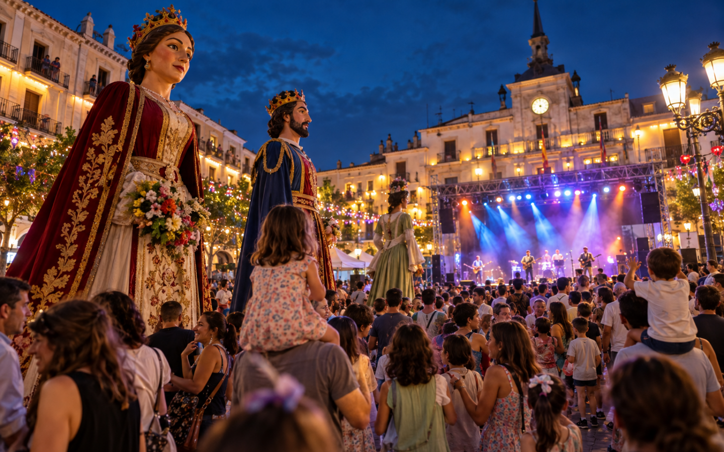 Concierto nocturno y desfile de gigantes durante unas fiestas populares de Madrid