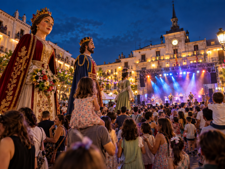 Concierto nocturno y desfile de gigantes durante unas fiestas populares de Madrid