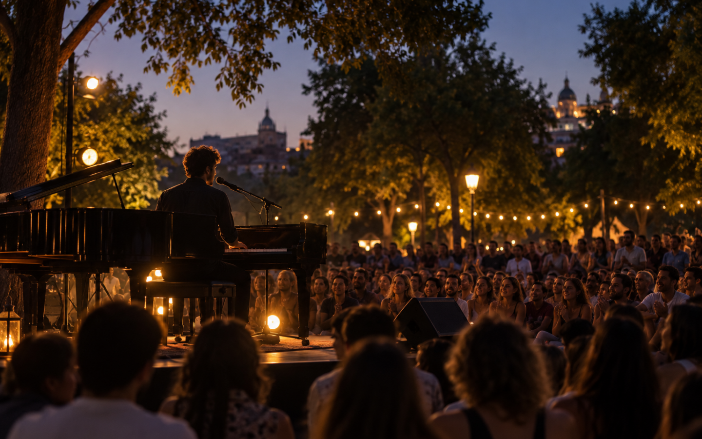 Concierto nocturno de piano y voz ante el público en un parque de Madrid