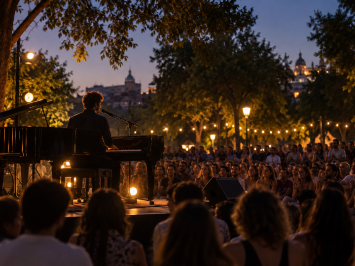 Concierto nocturno de piano y voz ante el público en un parque de Madrid
