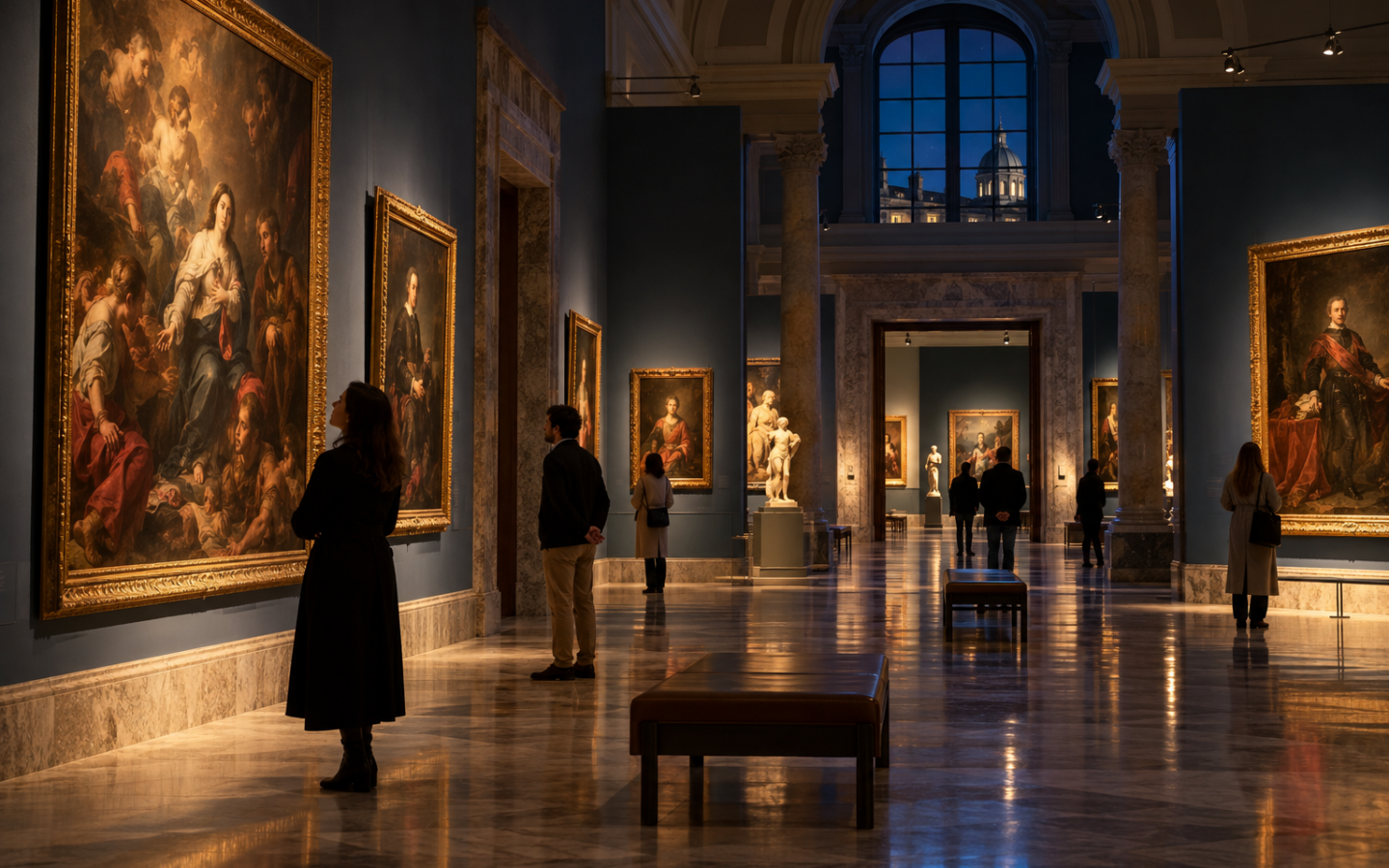 Visitantes recorriendo por la noche las galerías de un gran museo de arte