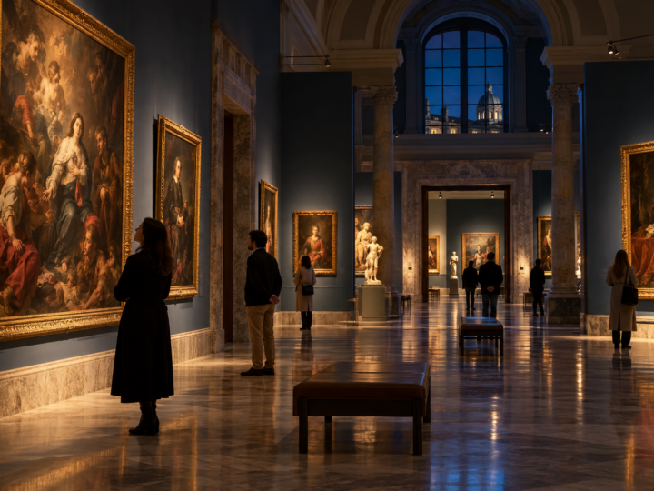 Visitantes recorriendo por la noche las galerías de un gran museo de arte