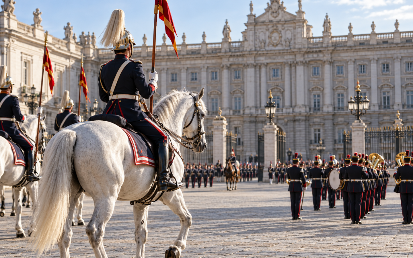 Caballería y banda ceremonial durante un relevo solemne ante el Palacio Real de Madrid
