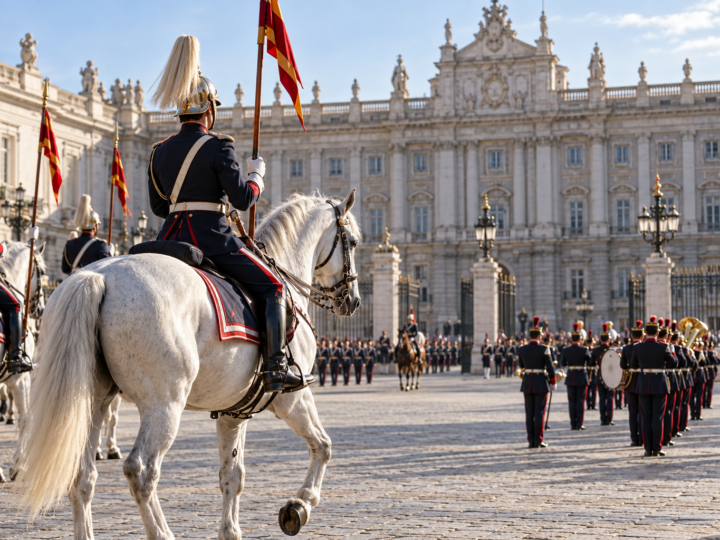 Caballería y banda ceremonial durante un relevo solemne ante el Palacio Real de Madrid