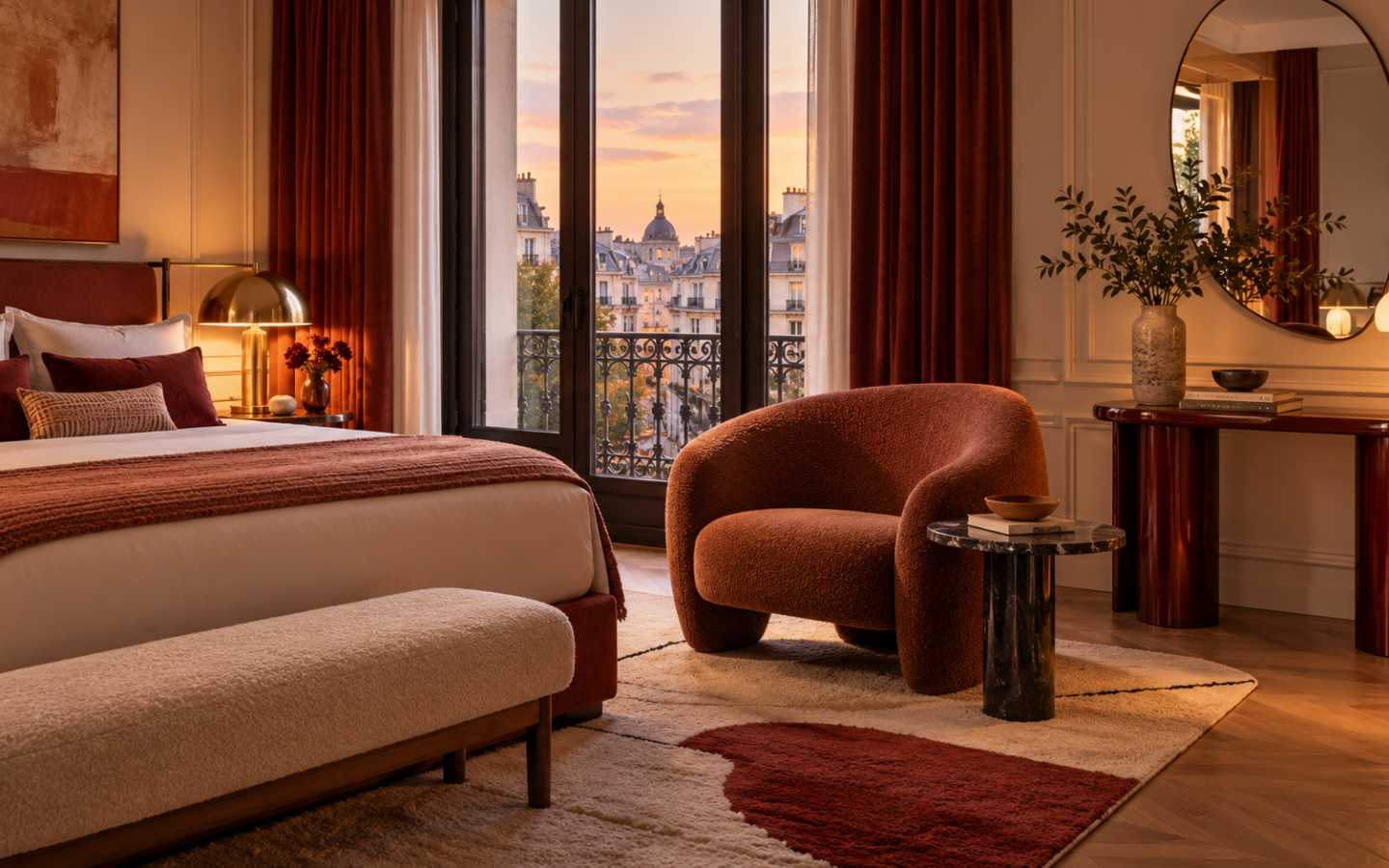 Habitación de hotel boutique con sillón, mesas y lámparas de diseño