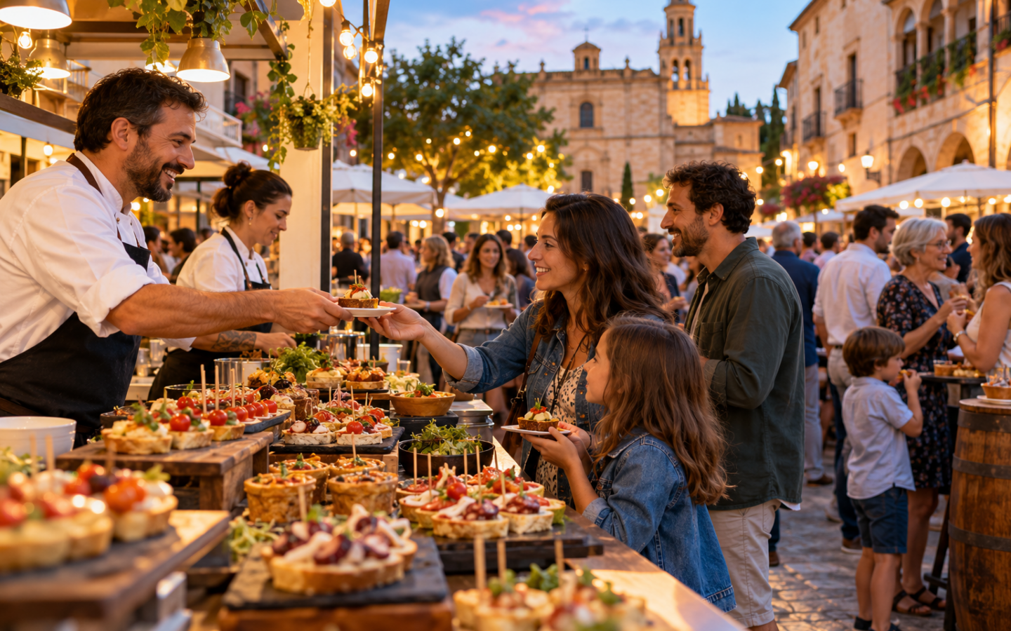 Festival de tapas con cocineros y familias en una plaza española