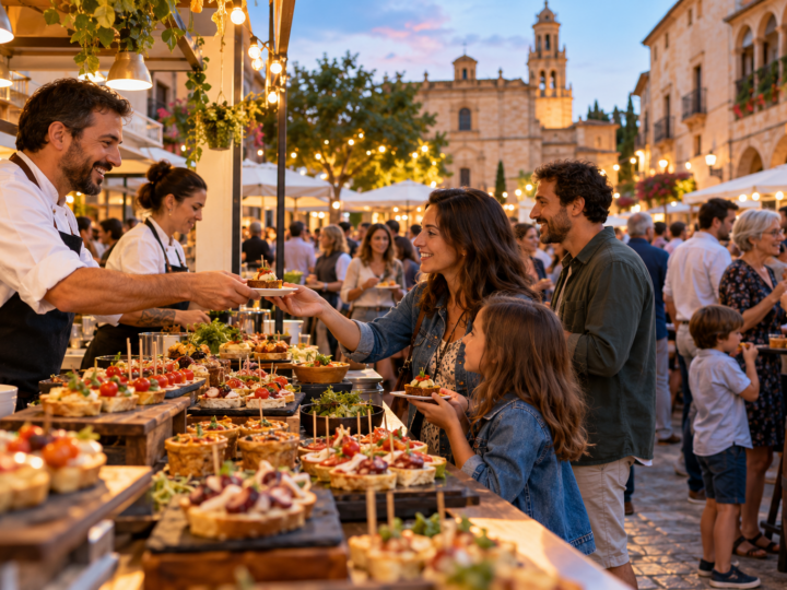 Festival de tapas con cocineros y familias en una plaza española