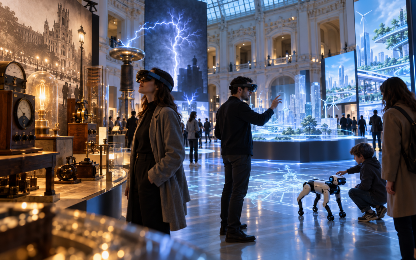 Exposición inmersiva sobre electricidad con realidad mixta en un palacio de cristal